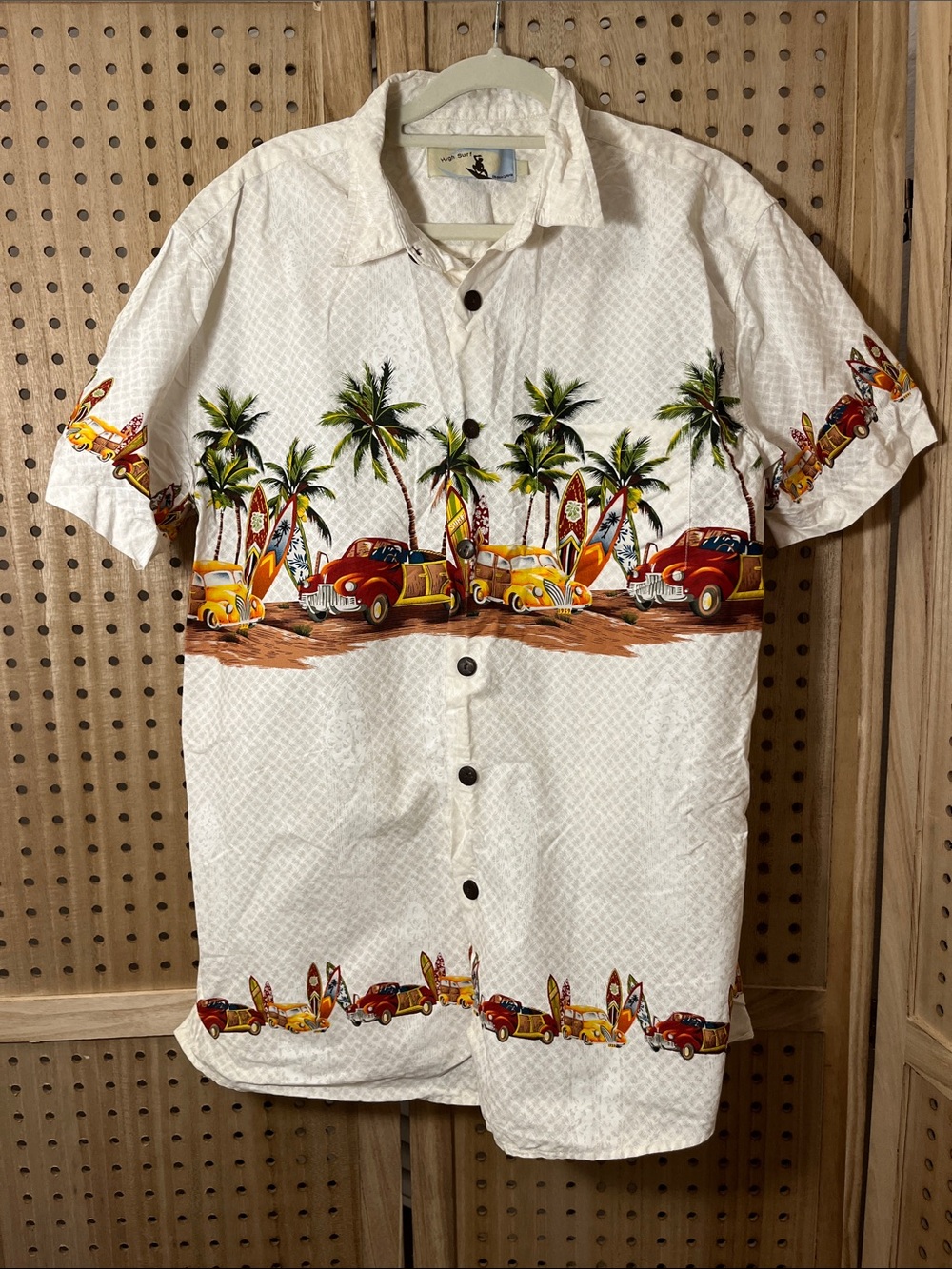 High Surf Men’s L Hawaiian Shirt Retro Woodie Cars Surfboards Palm Trees 90s